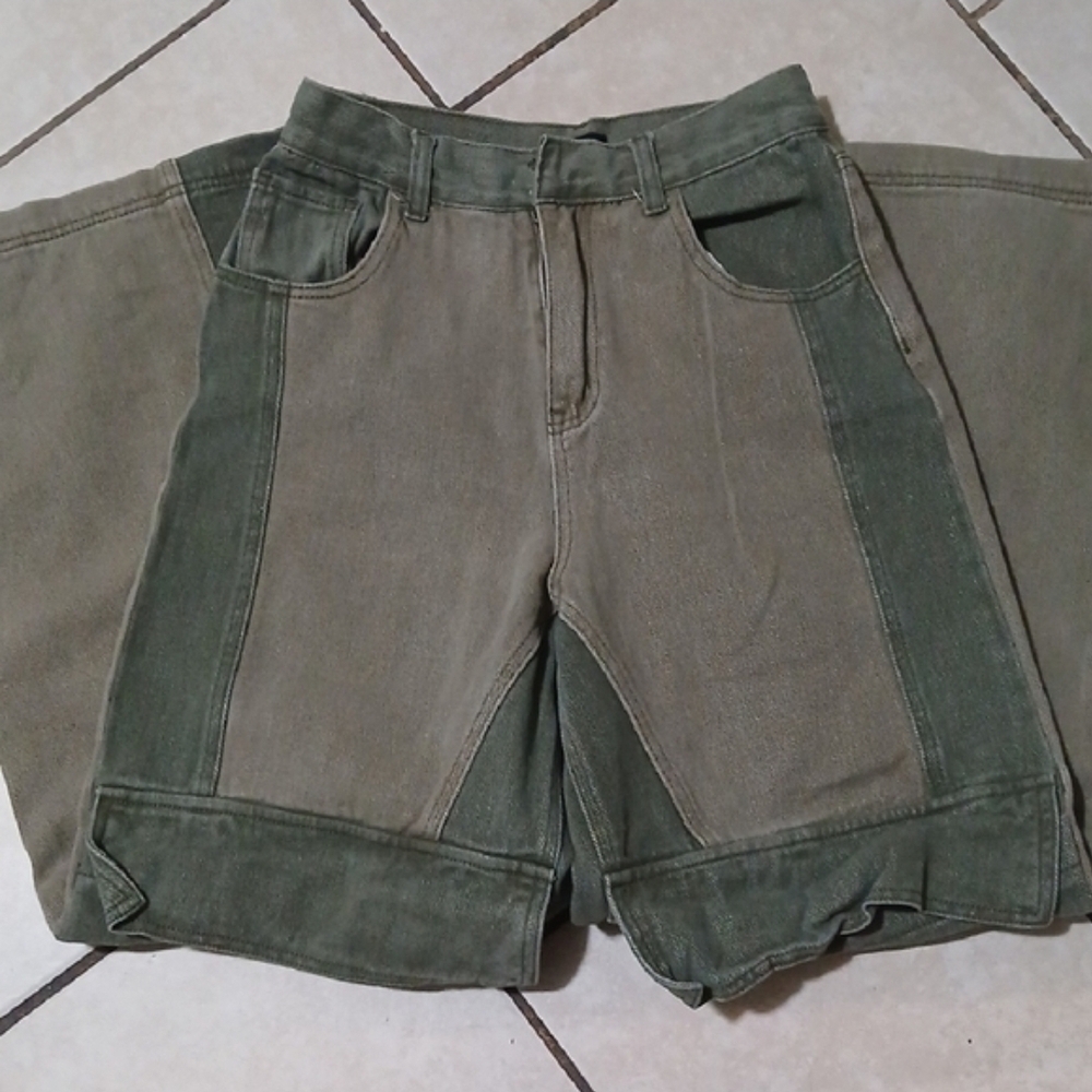 NASTY GAL Womens Size 6 Two Tone Olive Green Wide Leg Denim Jeans
